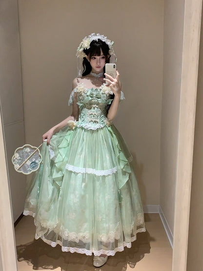 Version Long Floral + Lolita Green Top Frog Skirt with Jasmine-Embellished Buttons Corset Print