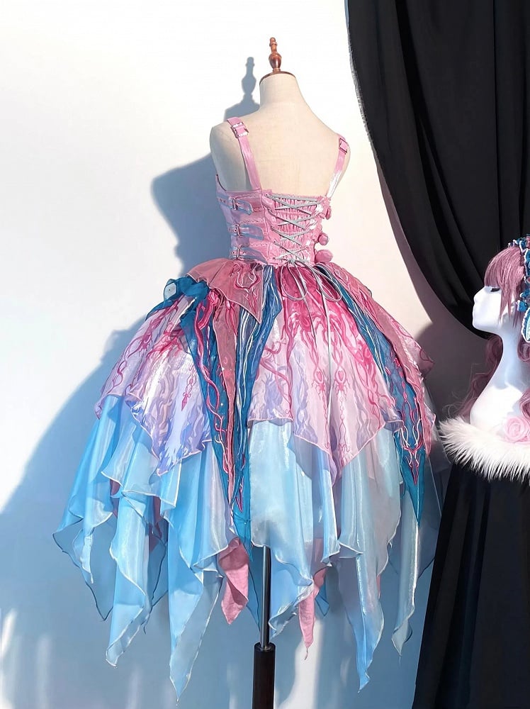 Embroidery Pink Bodice Print Biochemical Ribs Layered Handkerchief Lolita Spider Hem Dress