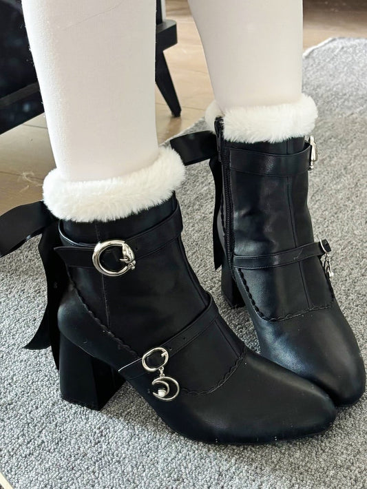 Heel PU Lolita Chunky Elegant Black Boots - Plush Collar
