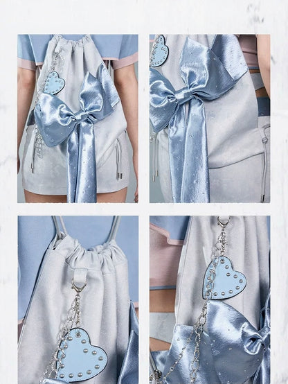Blue Y2K Satin Bow Drawstring Doulder Shoulder Bag with Rhinestone Decoration - Virtual Orbit
