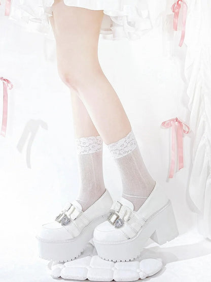 with Jirai Platform Matte Rhinestone Bow White 10cm Heart Loafers Kawaii Kei Heel