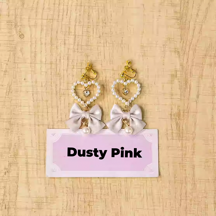 Heart Ear Clips Jirai Kei White/Dusty Beaded Pink/Blue/Black/Pink Bow