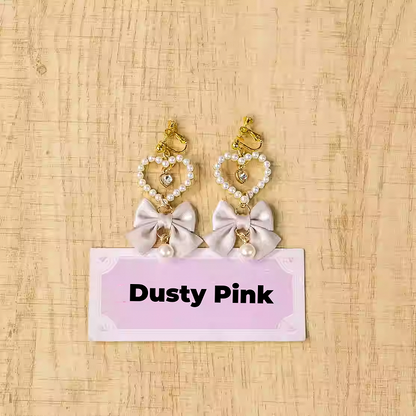 Heart Ear Clips Jirai Kei White/Dusty Beaded Pink/Blue/Black/Pink Bow