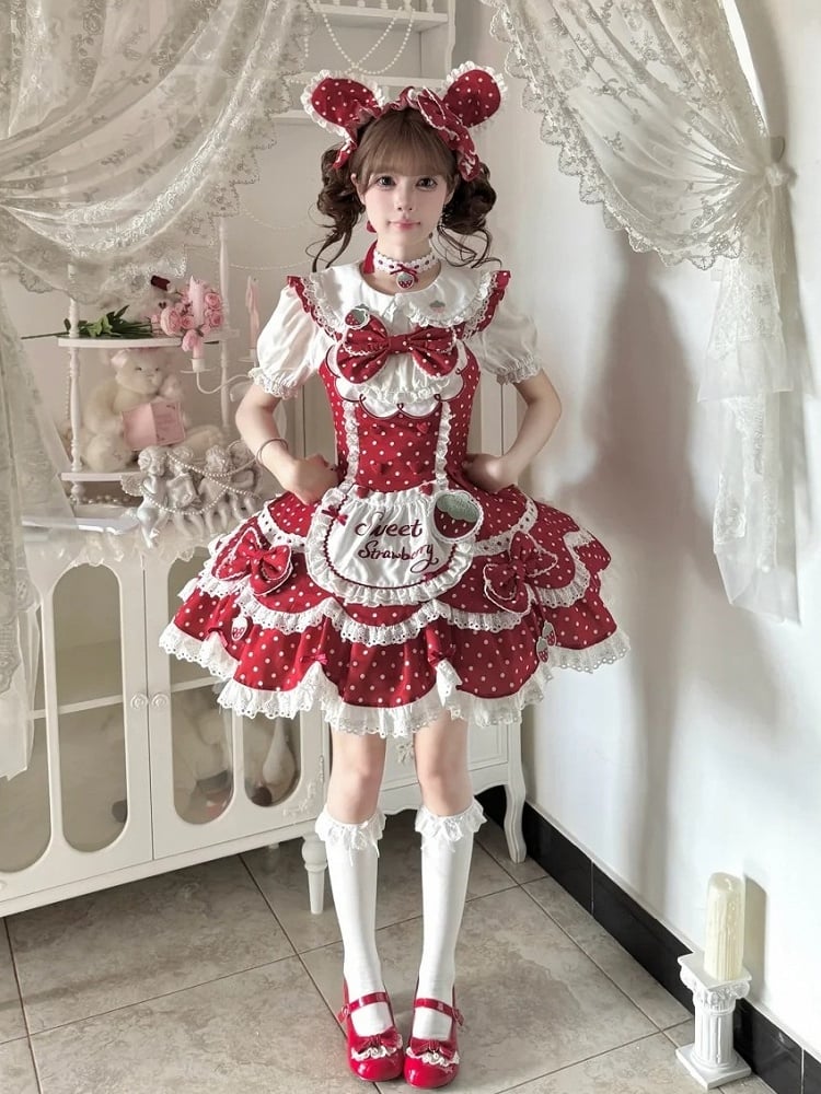 Dress Themed with JSK Dot + Red Polka Lolita and Bunny Hairband Strawberry Ear Vintage Details Lace Bow