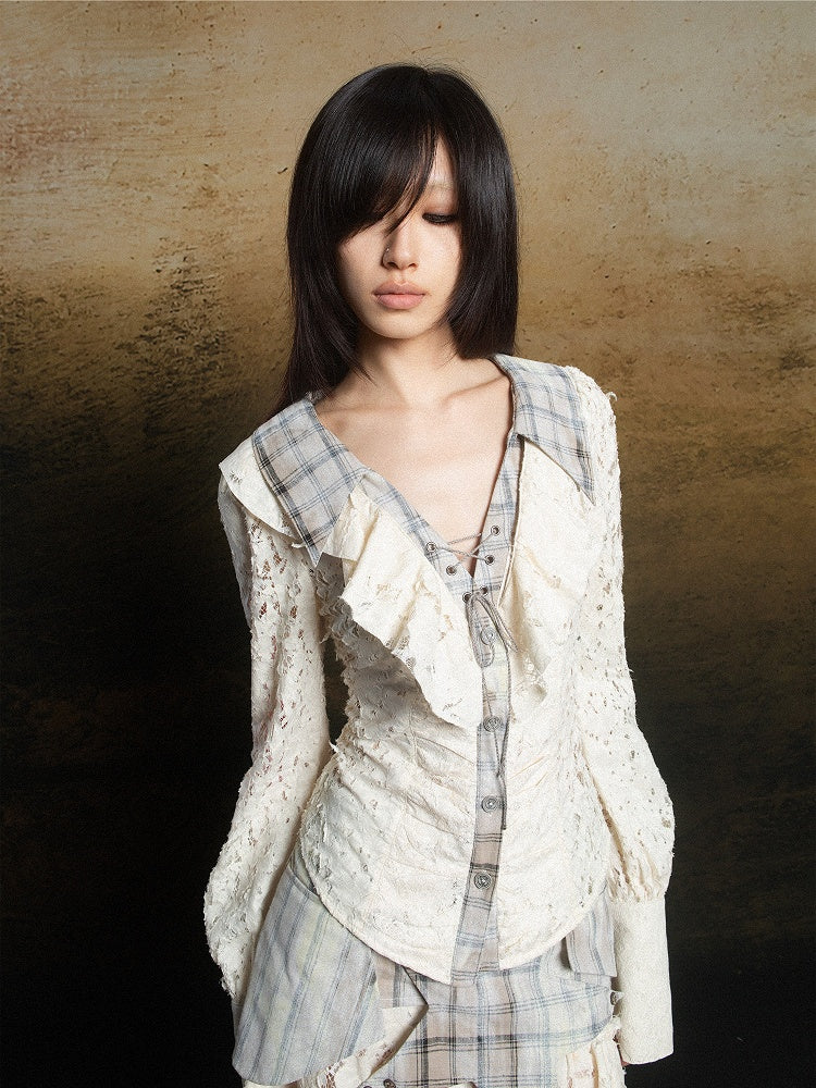 Apricot Romantic Lace Blouse Plaid Collar Punk Polo Crisscross with Lacing