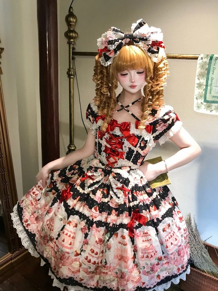 / Accents Cake Sweet Set Print Strawberry Bow Lolita Full Black Dress