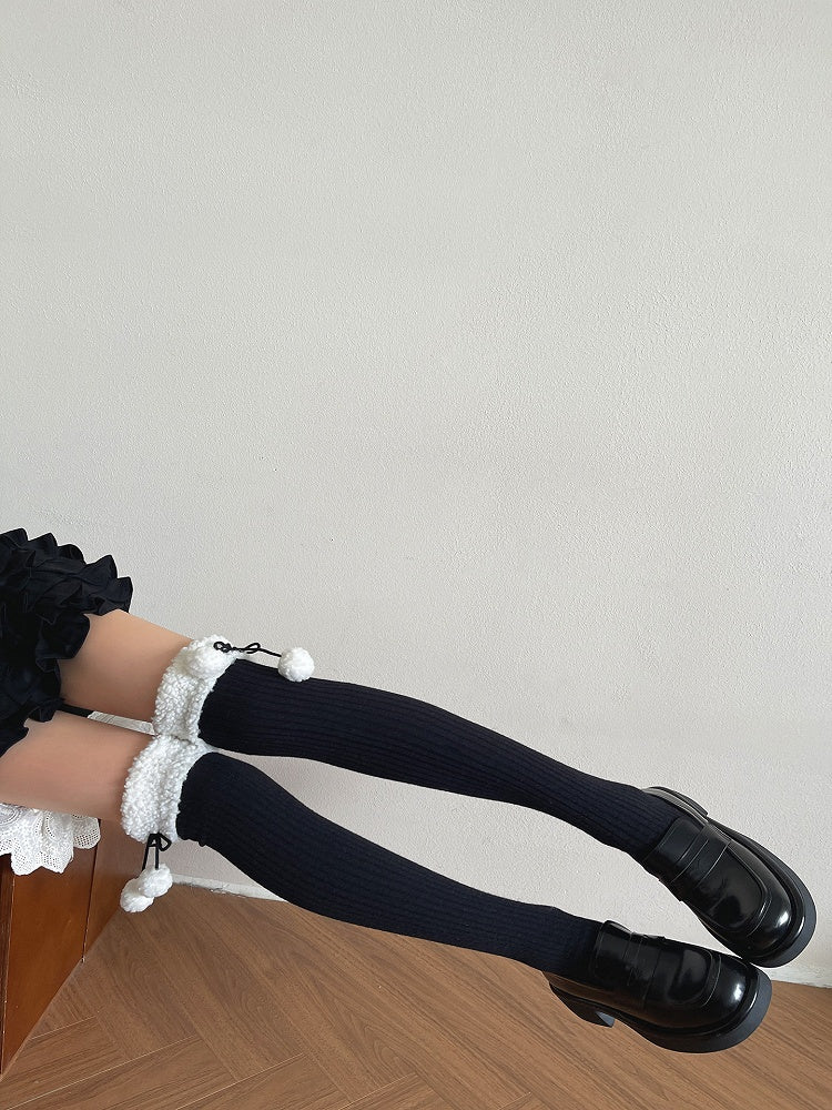 Stockings Ribbed with Pom-Poms Sherpa 5-Color Cuff