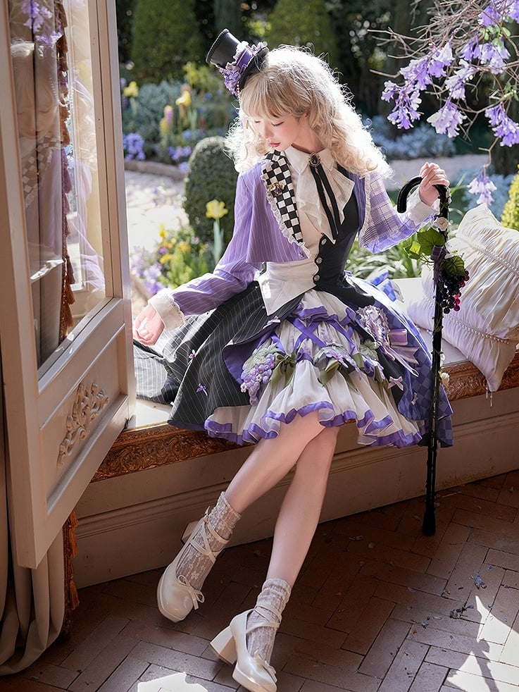 ウエストコートトップス - ブレザー クロップド丈王子セット 半分チェック柄 半分ストライプ パープルロリータ 半分黒 + 半分白 バックレス柄