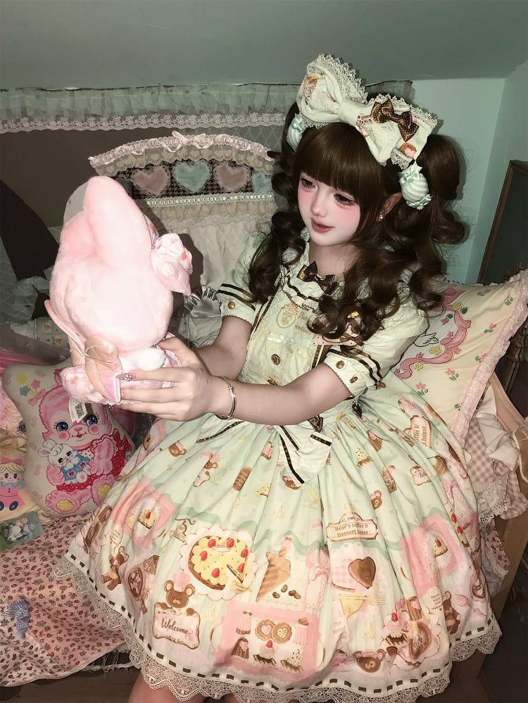 Grüne süße Minze Lolita Thema Desserts zweiteilige Print Kleid gefälschte Design Bär