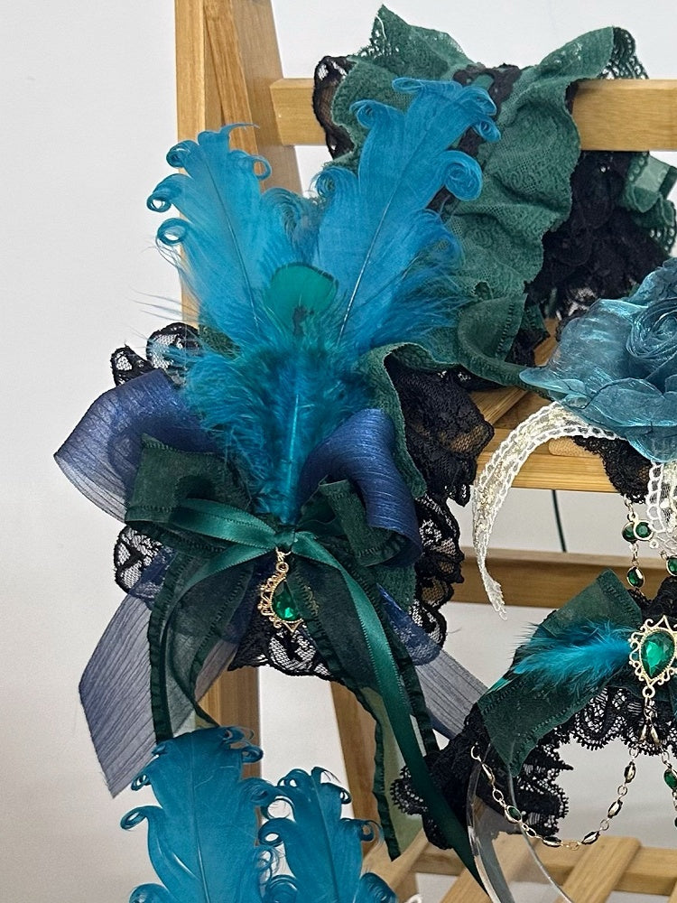 Feather Lace Peacock Ruffled Bow Green Hairband