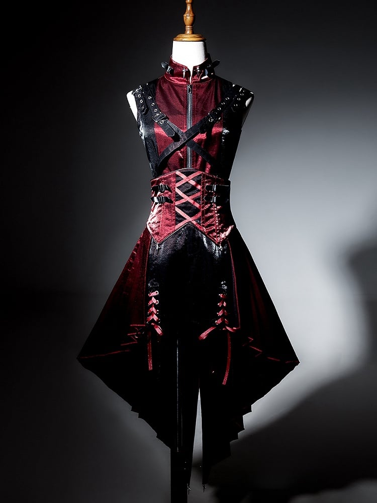 Lolita + Shorts Punk Top Skirt Full High-low Red and Set Black Sleeves Overall Sleeveless - Idol