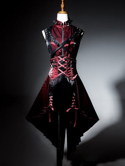 Lolita + Shorts Punk Top Skirt Full High-low Red and Set Black Sleeves Overall Sleeveless - Idol