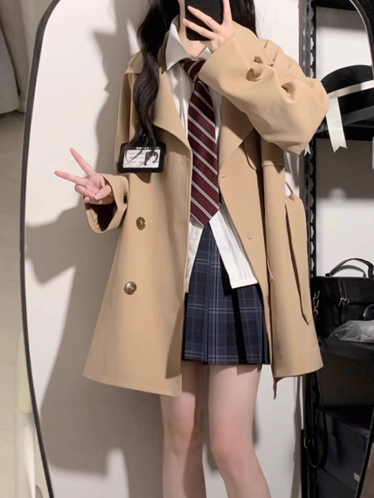 Taille JK Mantel Gürtel Uniform Graben Schwarz/Khaki Mit