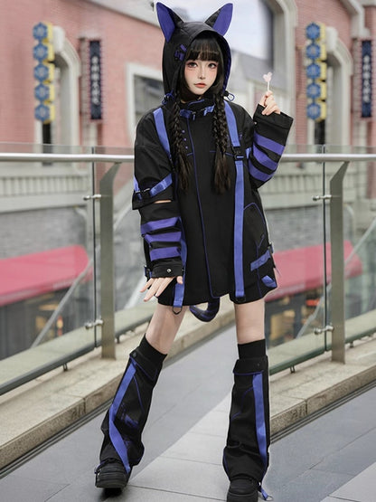 Shorts/Pants Purple Outfit Warmers + Futuristic Fashion Windbreaker Striped Full - Baggy Straight-leg Leg Cyber Set Black