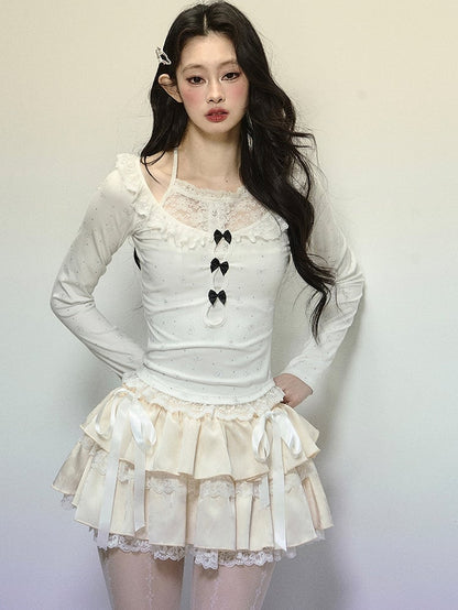 White Bows Print Lace Trim Halter Neck Top