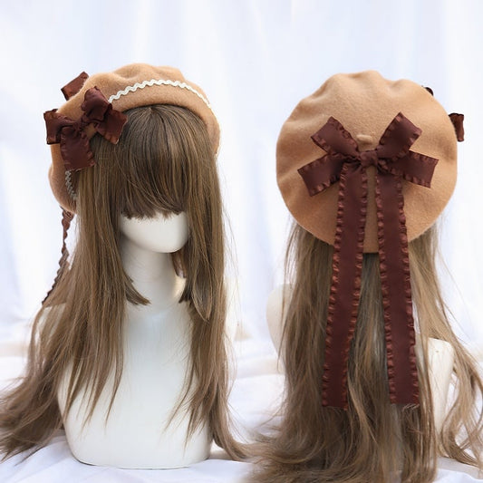 Beret Sweet Ribbon Long Bow Camel Lolita
