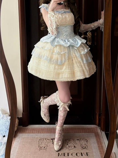 Sweet Blue & Beige Lace-Up Lolita JSK Dress with Lace Trim - Flying ear rabbit