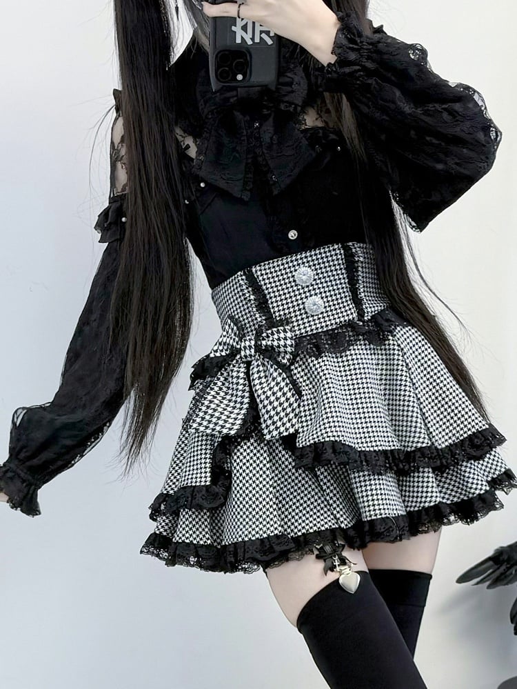 Illusion Design Neck with Jirai Rhinestone Sparkling Black Blouse Kei Buttons