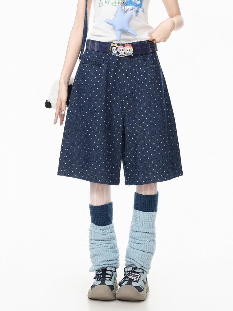 Dark Blue Wide Leg Denim Shorts with Polka Dot Pattern - Languid Park