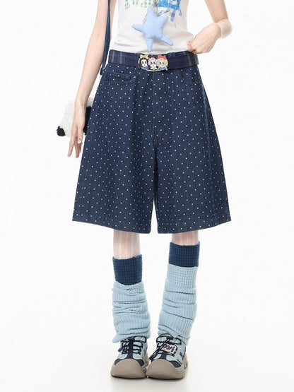Dark Blue Wide Leg Denim Shorts with Polka Dot Pattern - Languid Park