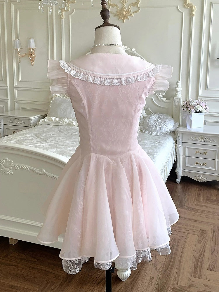 Trim Flutter Sleeves Balletcore Pink Lace-up Waist Lace Dress