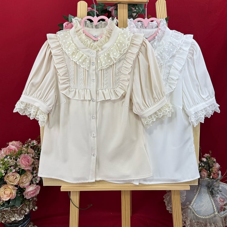 Sleeves Apricot Neckline Short Lace Blouse Ruffle Lolita