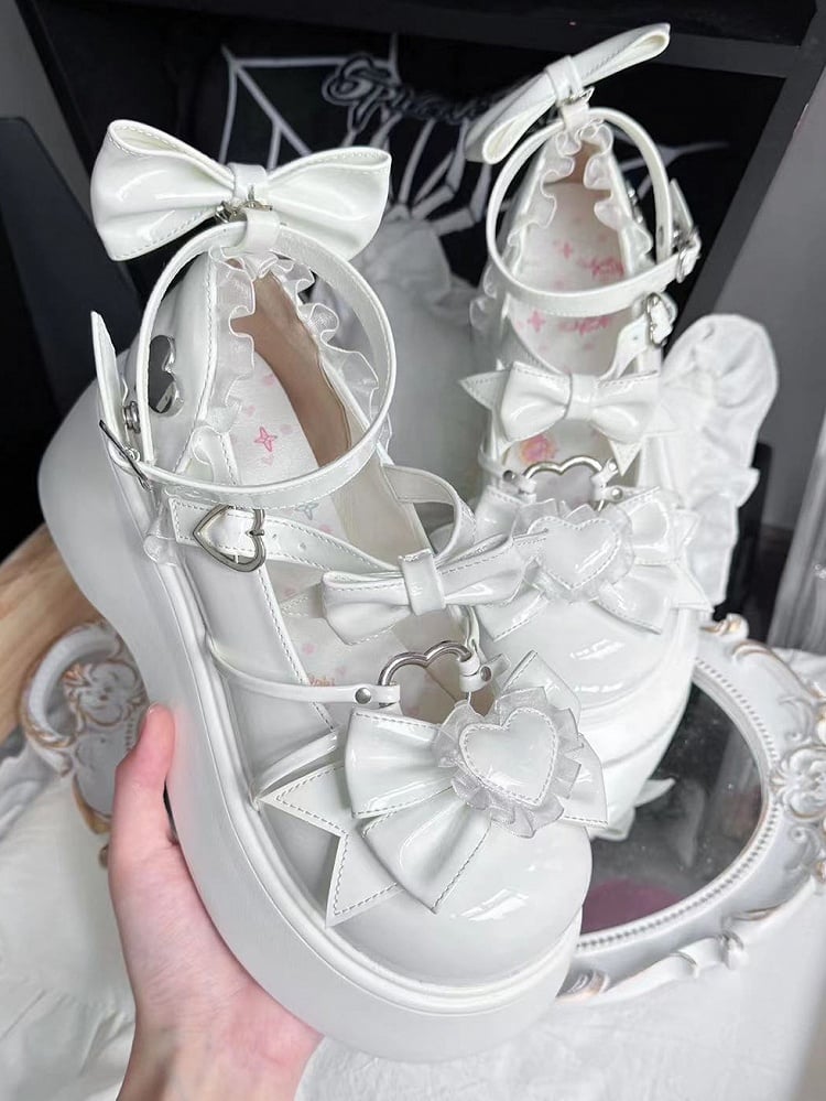 Refined and PU Shoes Bow Heart Lace Details with Elegant Platform in Off-white Elements Lolita Trim Sweet