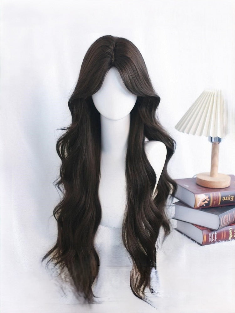 Black/Light Brown Curtain Bangs Long Wavy Wig
