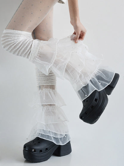 with White/Blue/Pink Ruffled Decorations Leg Warmers Multi-Layered Bead Lace