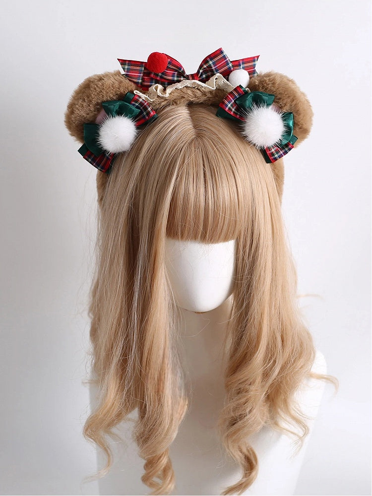 KC with Pom-Poms Ear Plaid Christmas Plush Bear