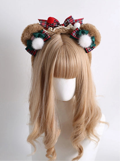 KC with Pom-Poms Ear Plaid Christmas Plush Bear