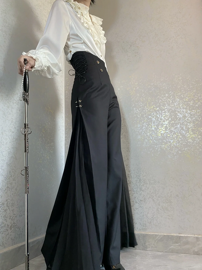 Ouji Style 110cm High Waist Wide-Leg Black Pants with Pleated Chiffon Panel - DevilInspired Exclusive Collection