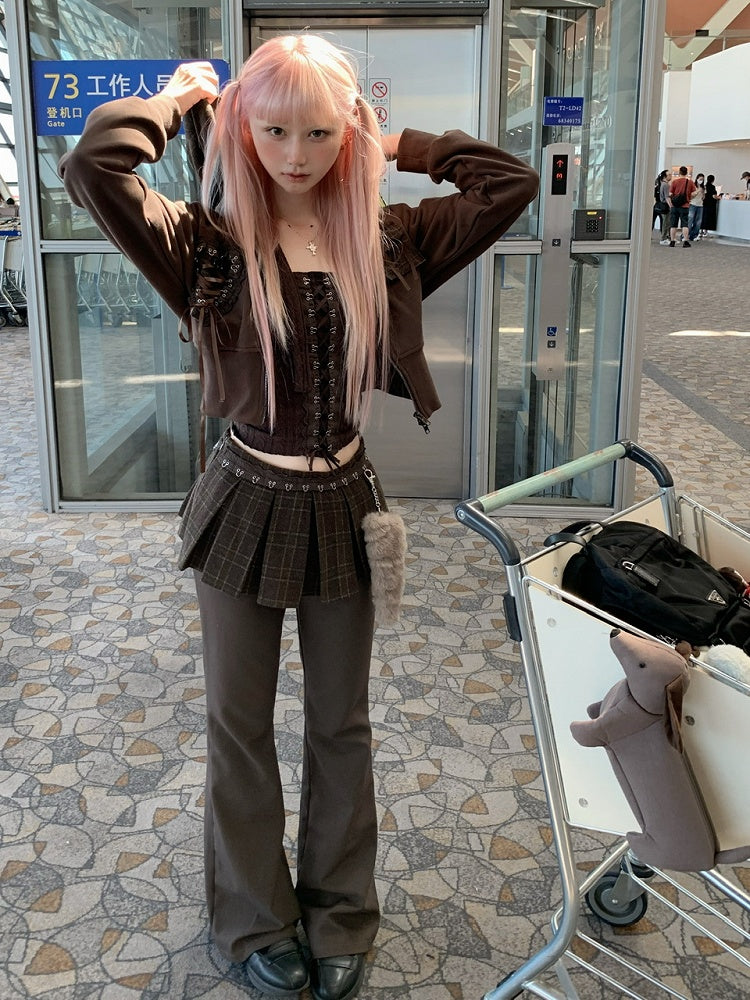 Pants Attached Pleat Box Tail Brown Charm Plaid with Skirt Flared