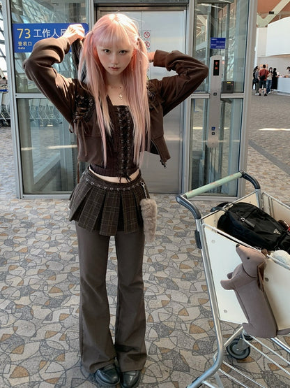 Pants Attached Pleat Box Tail Brown Charm Plaid with Skirt Flared