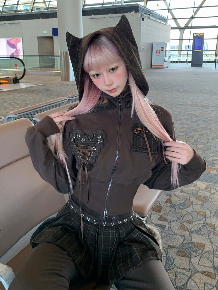 Cat Zip-up and Heart Lace Brown Hoodie with Lace-Up Applique Ear