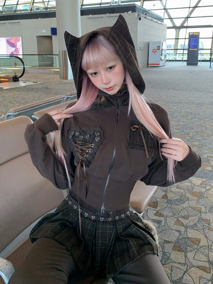 Cat Zip-up and Heart Lace Brown Hoodie with Lace-Up Applique Ear