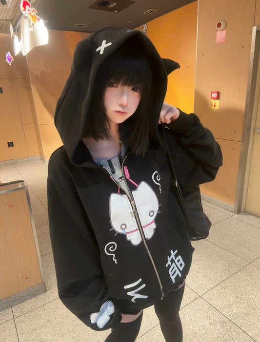 Cartoon Black Cat Print Hoodie with Ear Kitten