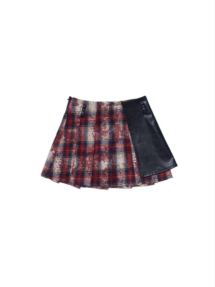 Skirt Asymmetrical Red PU with Black Accents Punk A-line Plaid