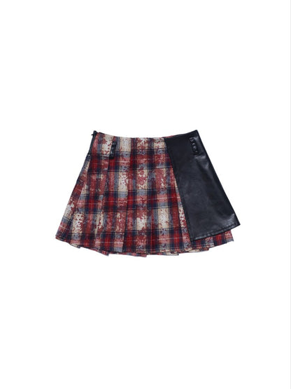 Skirt Asymmetrical Red PU with Black Accents Punk A-line Plaid