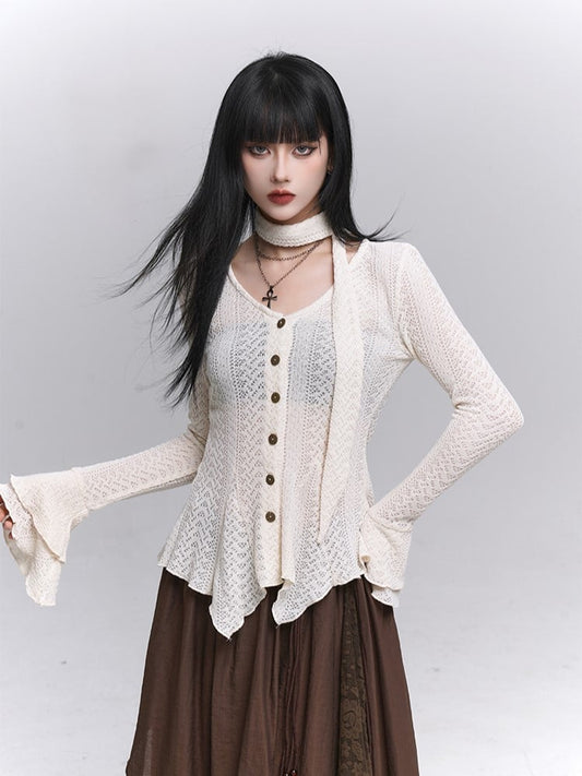 Irregular Cardigan Strap Knit Neck Gothic Apricot Button-Down Hem with