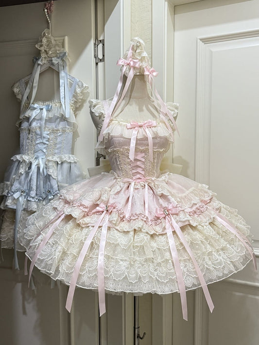 / Multi-Layer Ballet-Style Large Cute Only JSK Dress with Lace Train + Skirt Bow Details Pink Princess Ribbon