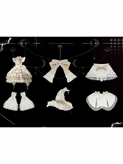 Witch-Themed Cross Accent Lolita JSK Full Ensemble in White and Gold with Oversized Bow Train, Cape, Detachable Sleeves, Hat and Outer Sleeves - Felinae Cookie
