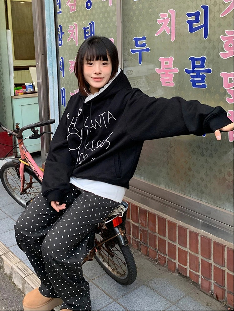 White / Snowman Hoodie Fleece-Lined with Black Bead Lace-Trimmed Hood and