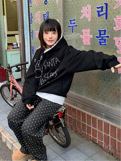 White / Snowman Hoodie Fleece-Lined with Black Bead Lace-Trimmed Hood and