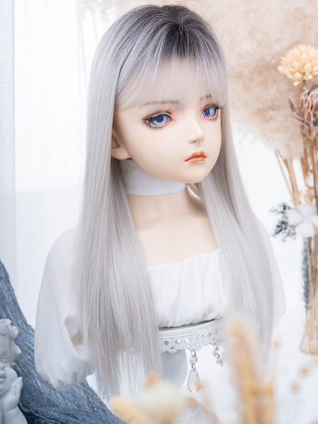 Glatte Ombre-Perücke, Länge 66 cm, schwarz-weißer Pony