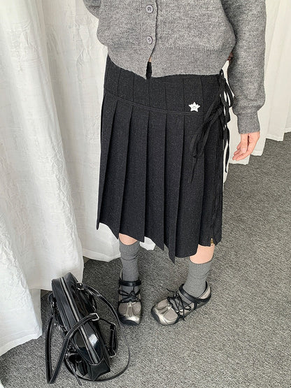 Self-tie Straps Skirt Pleated Grey Side-zip with