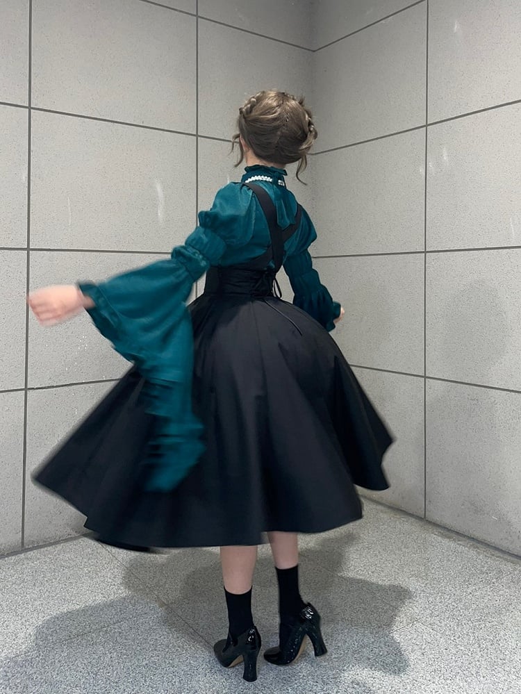 Straps High Skirt Lolita Long Black Overall Adjustable Waist