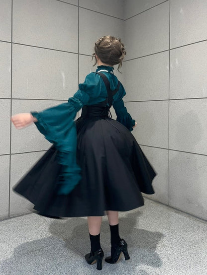 Straps High Skirt Lolita Long Black Overall Adjustable Waist