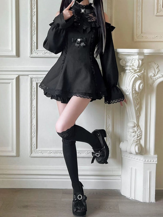 ジライケイイリュージョンフリルショーツ付きミニブラックスカート、カットアウトショルダードレス、ヘムネックラインセット