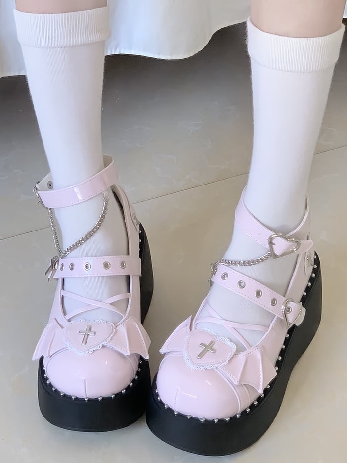 PU Patch Accents Shoes Wing Pink Cross Top Platform Heart Details
